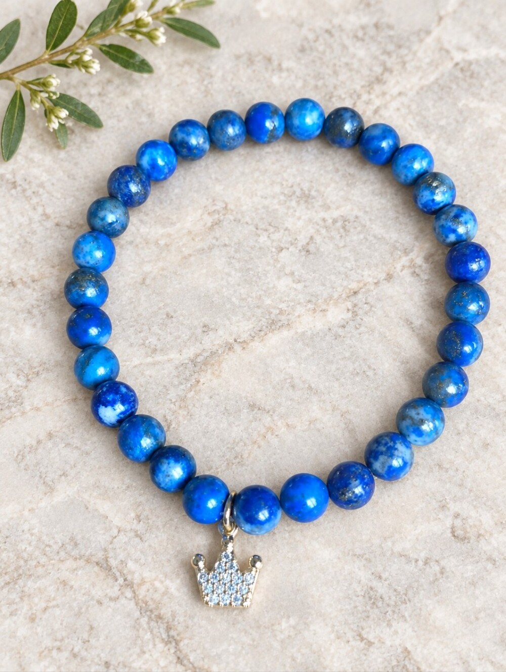 Lapis Lazuli Beaded Stretch Bracelet w/ Rhinestone Crown Charm | Handmade